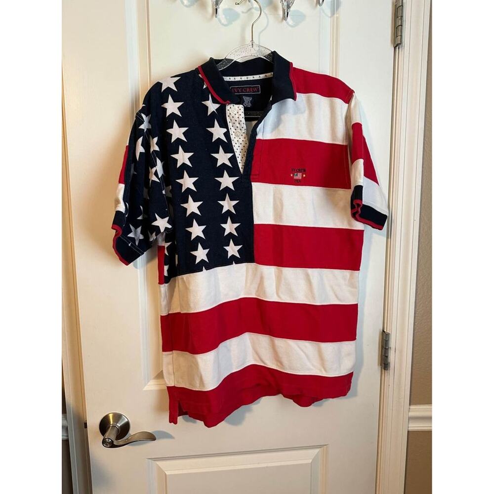 Men’s Size Large Ivy Crew Polo USA Patriotic American Flag 3 Button Polo